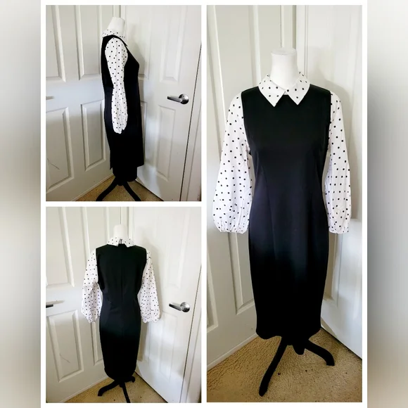 New York & Co | Black/White Polka Dot Puff Sleeve Midi Sheath Dress (SIZE M) - Picture 3 of 13
